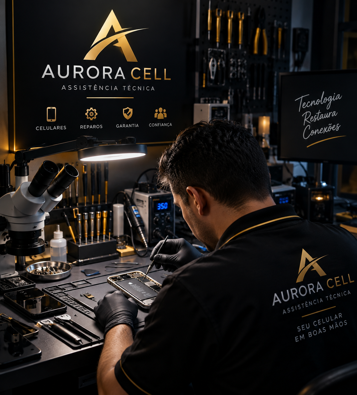 Técnico da Aurora Cell realizando manutenção em smartphone